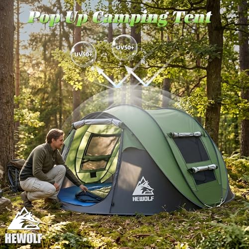HEWOLF 4-Person Pop Up Camping Tent - Instant Waterproof Family Tent, Easy Setup, Mosquito Mesh, Green