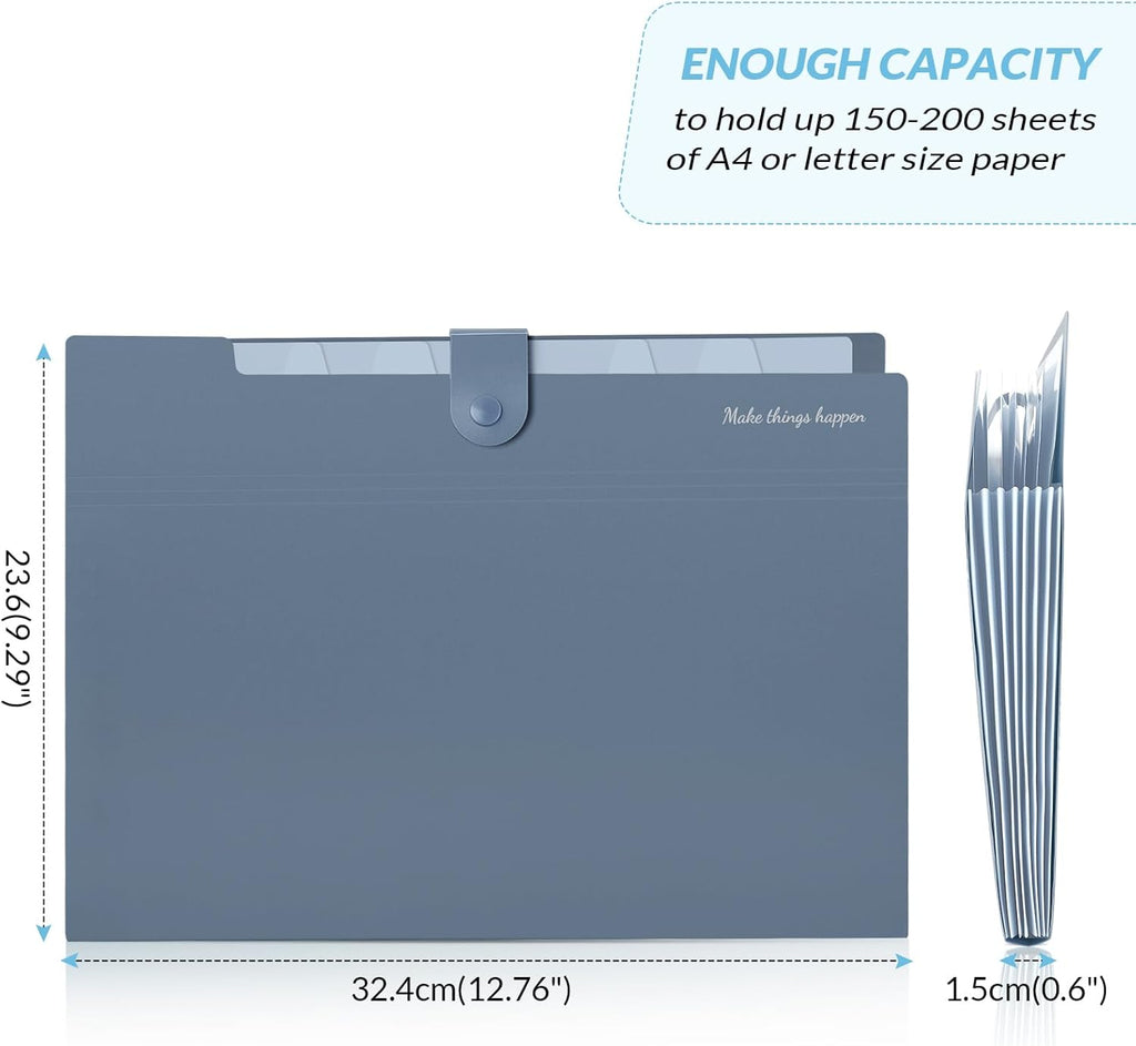 SKYDUE Expanding File Organizer - 8 Pocket Accordion Folder with Labels | Portable Document Storage, Blue