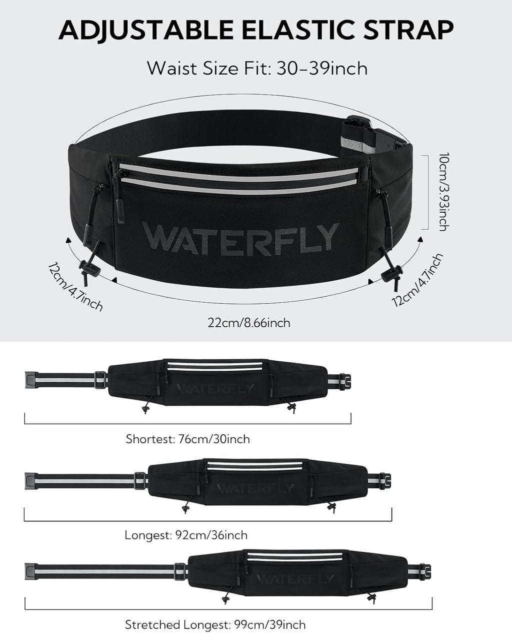 WATERFLY Running Belt - Breathable Fanny Pack with 3 Pockets for Fitness | Fits All Phones - Black