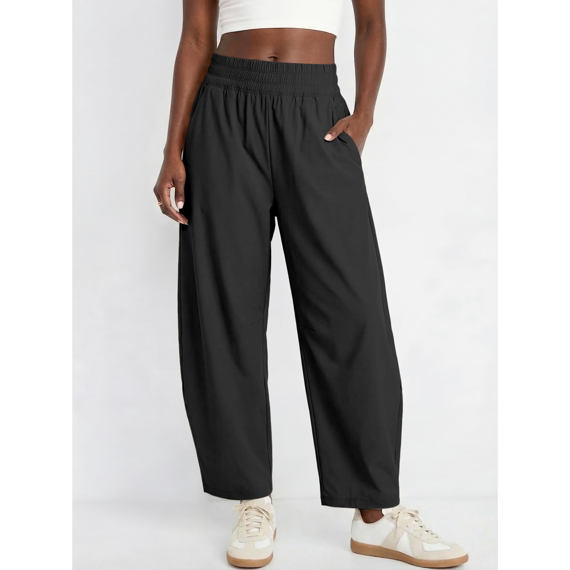 Yioaga Barrel Pants Women Baggy Wide Leg Elastic Waisted Sweatpants Athletic Clothes Lounge Palazzo Trousers with Pockets(Black,L)