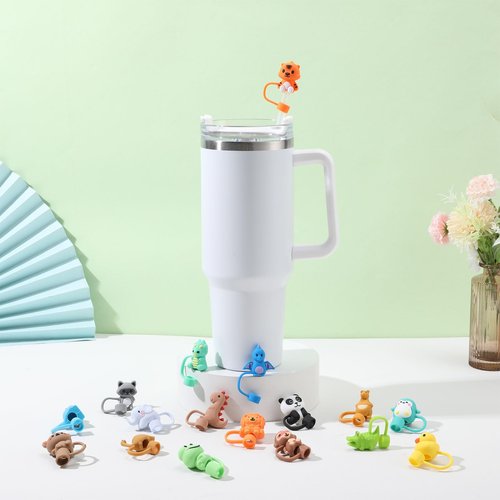 XLSXEXCL 20 Pcs Cute Animal Straw Cover Caps Compatible with Stanley Cup, Silicone Cute Reusable Straw Toppers for Cups 30&40 Oz Tumbler Accessories 10mm