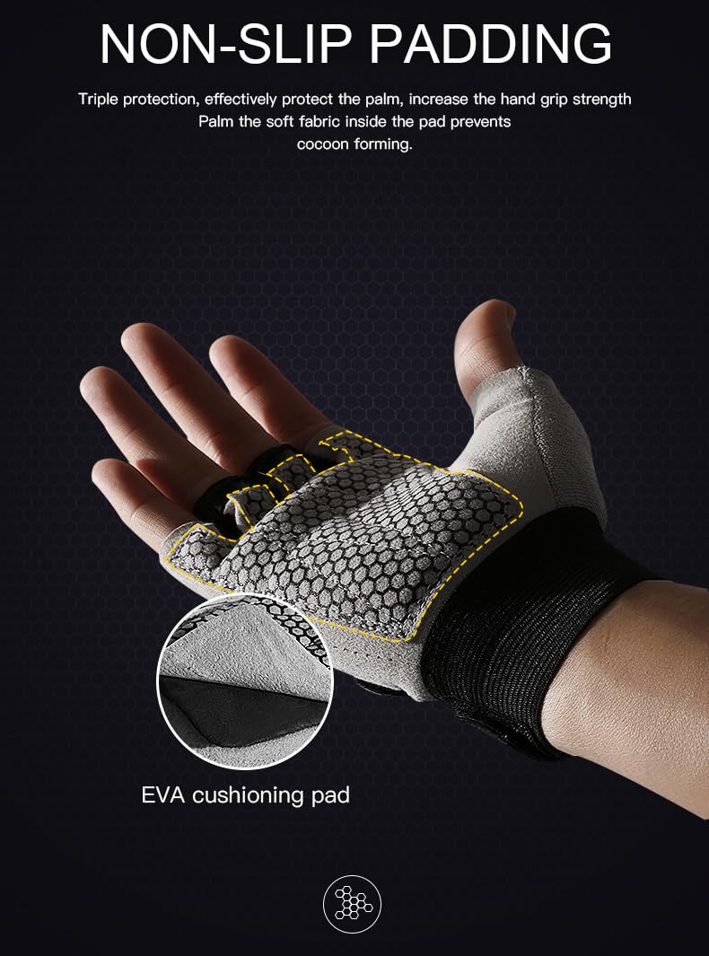 SUJAYU Workout Gloves for Men Workout Gloves Women, Dual Adjustable Strap Heavy Weight Lifting Glove, Silicone Anti-Slip Weightlifting Glove Gym Accessories (Grey, Large)