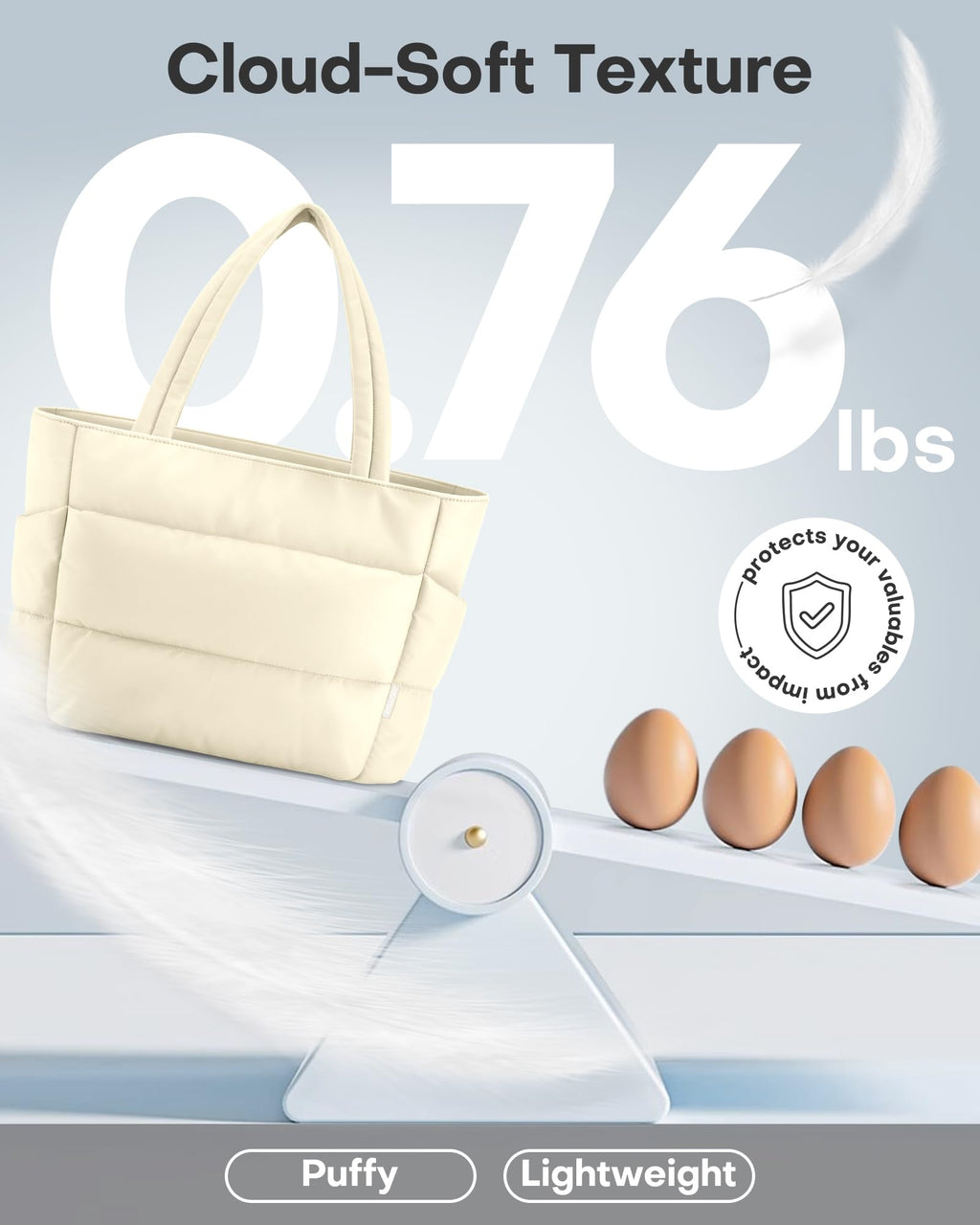 HOTOR Puffer Tote Bag for Women, Nurses - Multi-Pocket Lightweight Bag for Work - Quilted Handbag for Travel and Gym, Beige, 20.1" x 6.7" x 13.4"