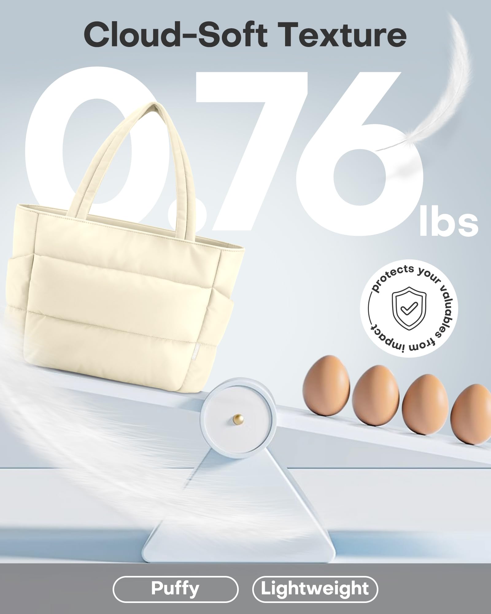 HOTOR Puffer Tote Bag for Women, Nurses - Multi-Pocket Lightweight Bag for Work - Quilted Handbag for Travel and Gym, Beige, 20.1" x 6.7" x 13.4"