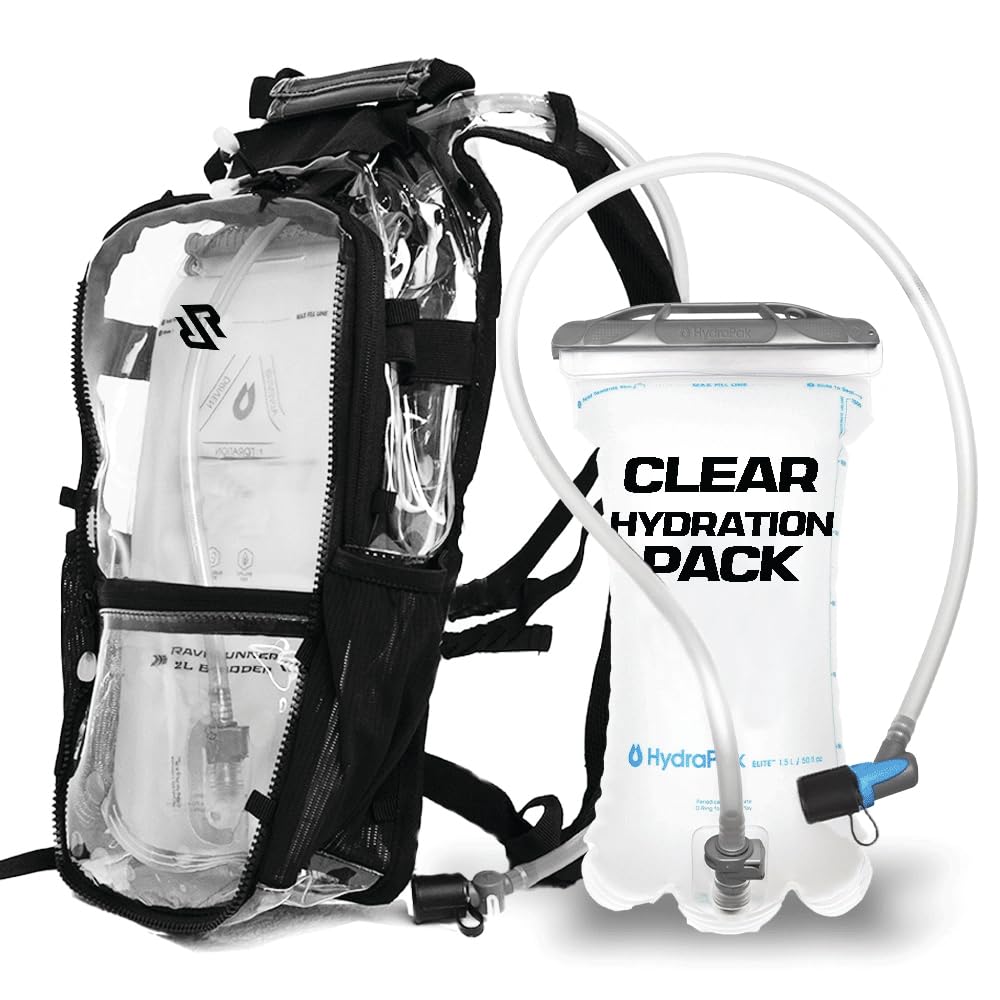 RAVERUNNER® Clear Hydration Pack | Festival Approved Hydration Backpack with 2L Bladder & Quick Disconnect Hose | Transparent Camelbak Water Backpack, Clear Hydration Backpack, ClearCamelbak
