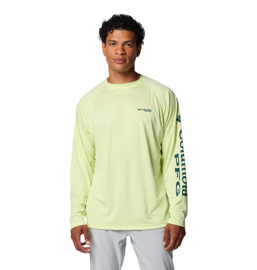 Columbia Men's Terminal Tackle Long Sleeve Shirt, Spring Yellow/Midnight Teal Logo, XX-Large