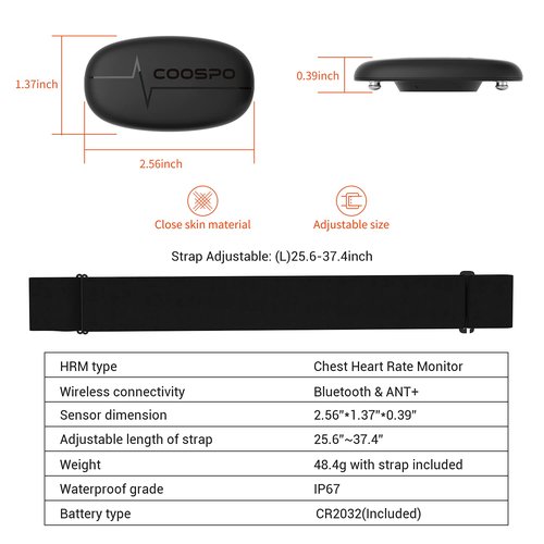 COOSPO Heart Rate Monitor Chest Strap, Bluetooth ANT+ Heart Rate Monitor Chest Sensor with 400H Battery, HRM Works with Strava/Wahoo Fitness/Polar Beat/Peloton/DDP Yoga App