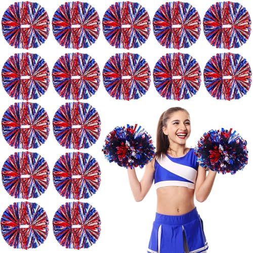 Yunsailing 50 Pcs Cheerleading Pom Poms Bulk with Handles - Red, Blue & Silver