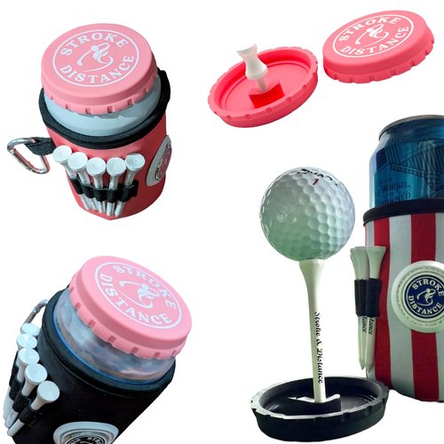 Can Cap Tee 3 Pack – Beverage Sealing Can Cover and Variable Height Golf Tee Combo – Pink