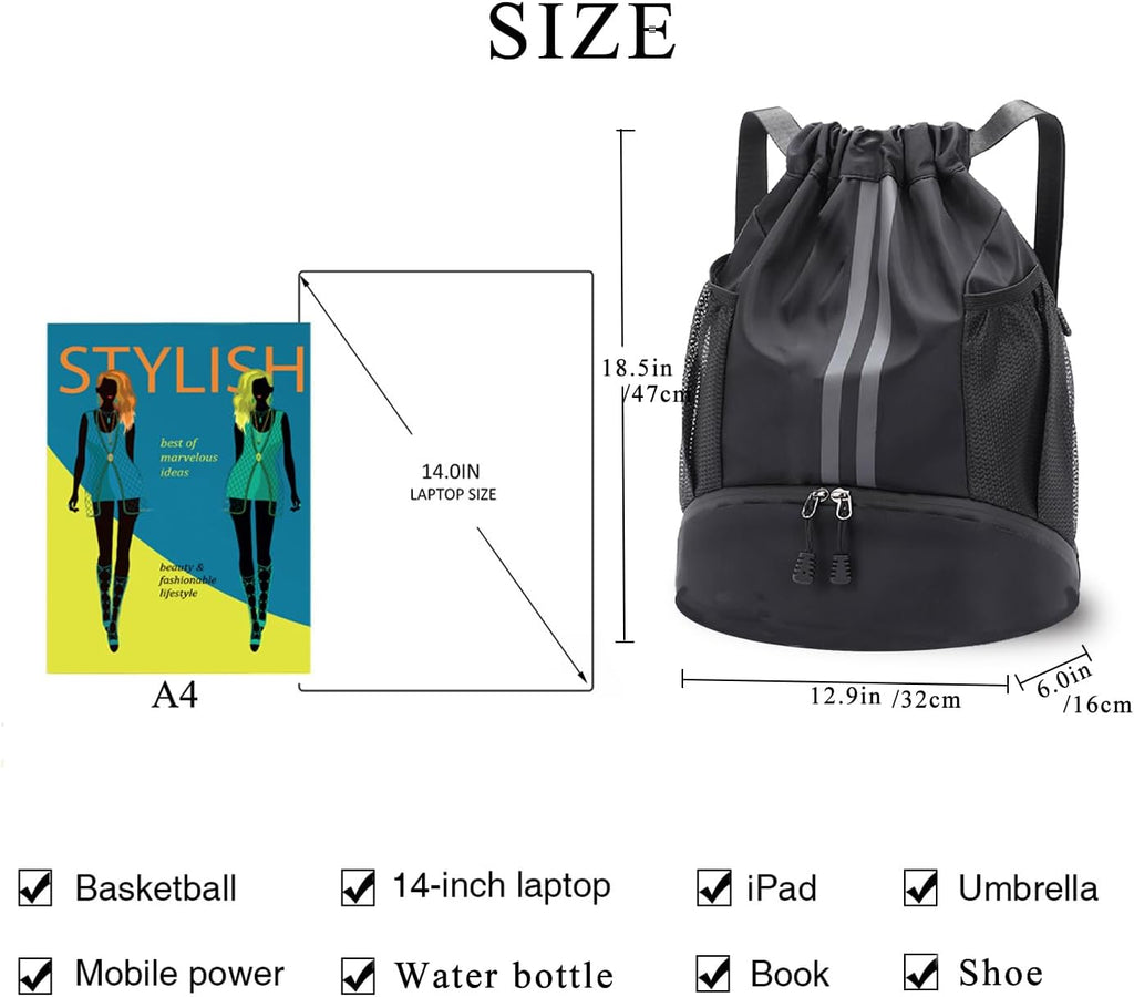 Skiennix Drawstring Backpack - Water Resistant Sports Gym Bag with Shoe Compartment | Ideal for Soccer & Basketball