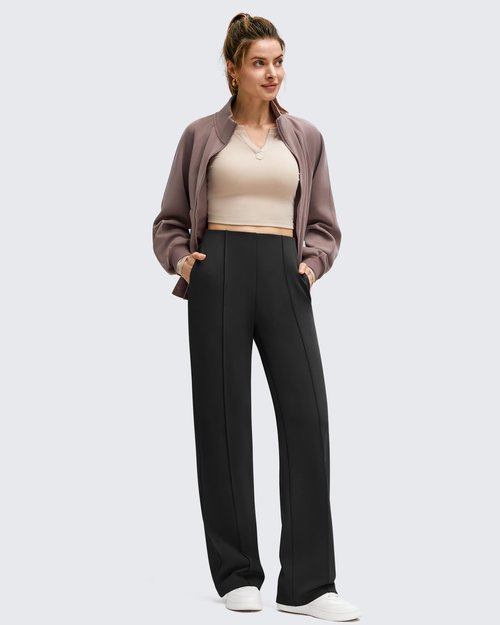 G4Free Women's Fleece Lined Wide Leg Pants Hidden Waist Front Seam Thermal Trousers with Pockets (Black,M,29")
