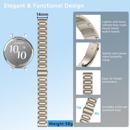 MiKoyi] 14mm Metal Band for Garmin Lily 2 Active/Sport/Classic, Solid Stainless Steel Wristband, Quick Release Strap, Adjustable Exquisite Replacement Band for Garmin Lily 2 - Starlight
