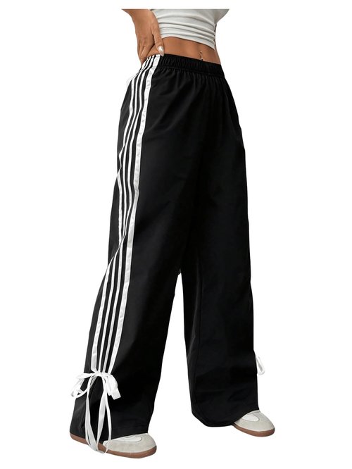 BEAUDRM Girl's Bow Track Pants Striped Sweatpants Baggy Wide Leg Parachute Pants for Joggers Hip Hop Dance Black 10 Years