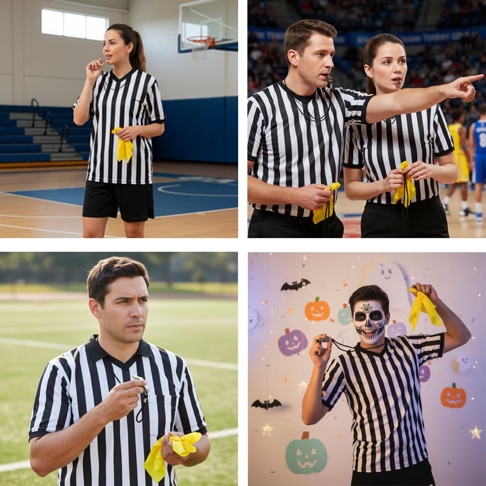 Referee Shirt Referee Costume for Men Women Unisex Black and White Stripe V-Neck Ref Uniform Penalty Flag and Stainless Steel Whistle with Lanyard for Football Soccer Sports Cosplay Outfits (Large)
