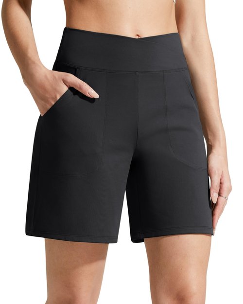 G4Free Shorts for Women Athletic Summer High Waisted Soft Wide Leg Dressy Casual Shorts with Pockets for Running Workout(Black,L)