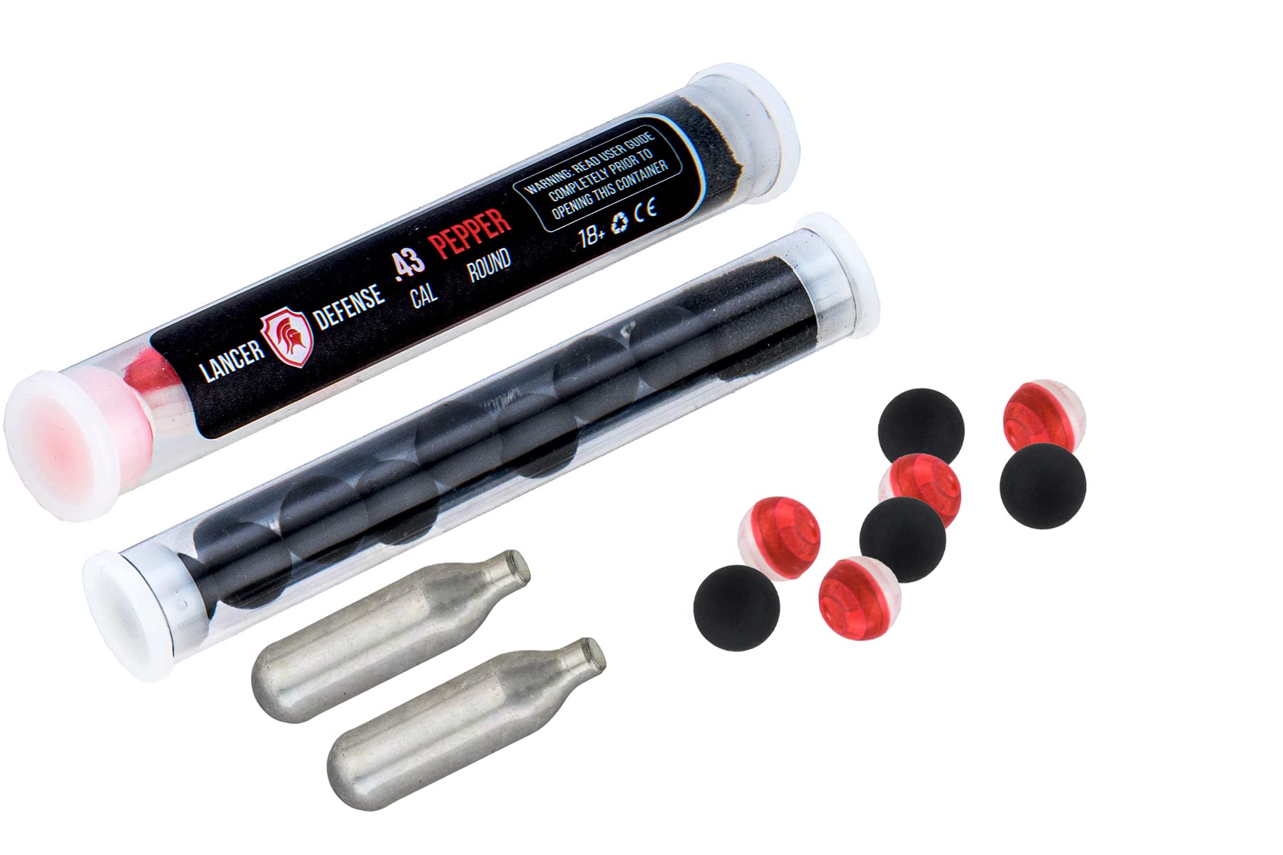 Lancer Tactical Defense Ball Bulk 0.43 Cal for Self Defense Includes Pack of 8 of Pepper Projectile, Rubber Ball & 2X 8 gram Cartridges（1 Count
