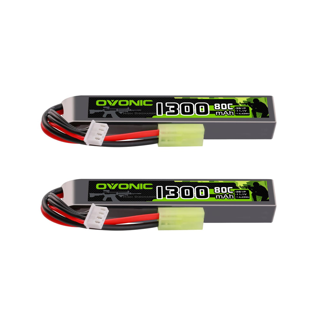 OVONIC 3s Lipo Battery 11.1V 1300mAh 80C with MiniTamiya Plug Lipo Battery for Airsoft Guns(2PCS)