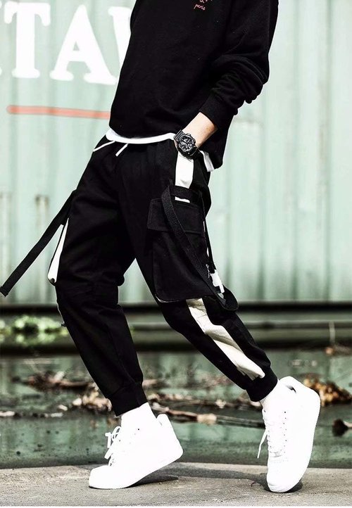Men's Jogger Pants Punk Cargo Baggy Techwear Streetwear Hip Hop Couple Women Unisex Sports Casual Pants (Black-08,Large)