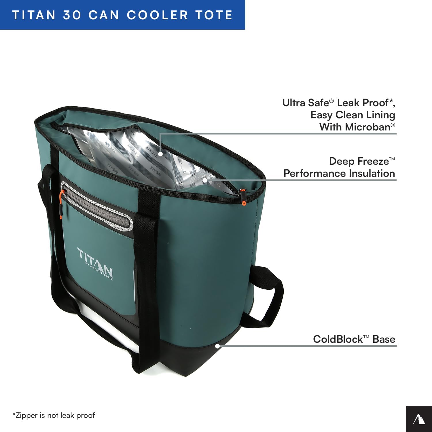 Titan by Arctic Zone Soft Sided Cooler Tote, Insulated Bag with Handle, Shoulder Strap, and Zipper for Lunch, Picnic, and Travel, 30 Can Capacity