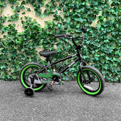 Glerc Kids BMX Bike 14 Inch for Ages 3-5, Green & Black, Training Wheels