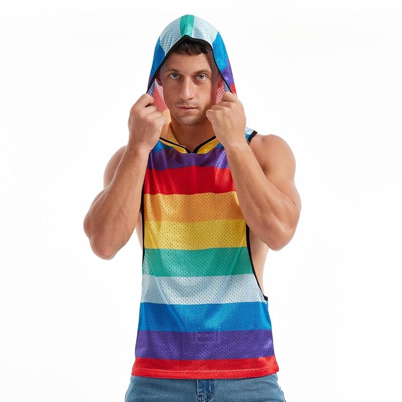 Rainbow X-Large Men’s Sleeveless Hooded Mesh Shirt for Gym & Pride