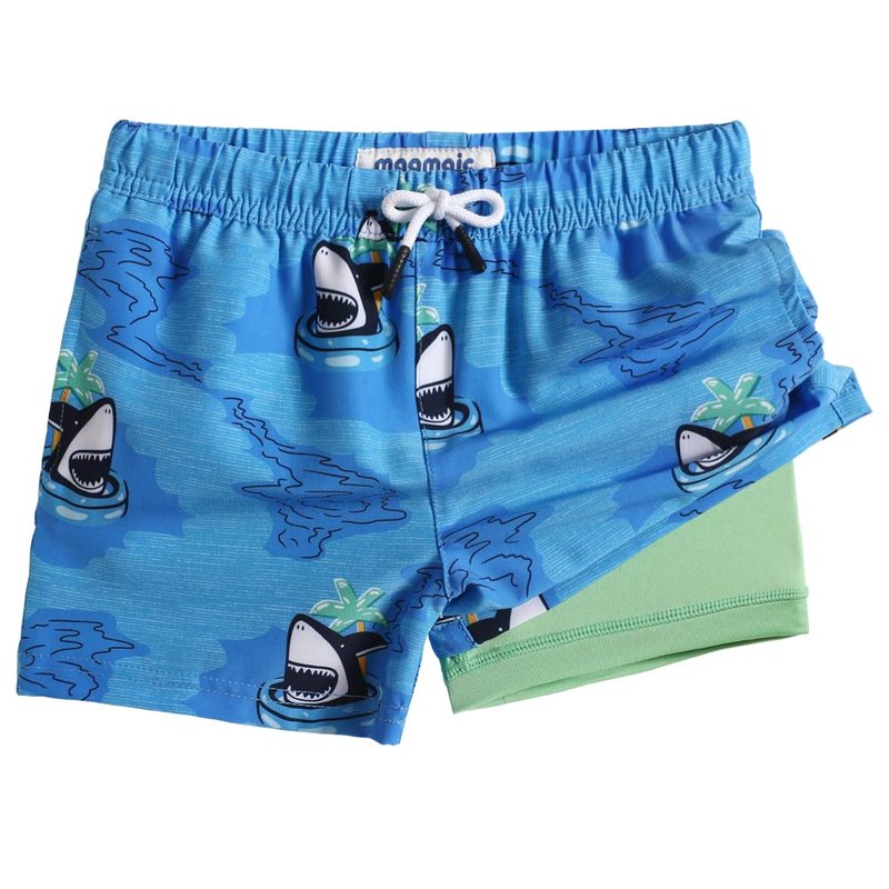 maamgic Boys Swim Trunks with Compression Liner Toddler Boy Swimsuit Quick Dry 4-Way Stretch Swimming Trunks Swim Ring Shark Blue 2T