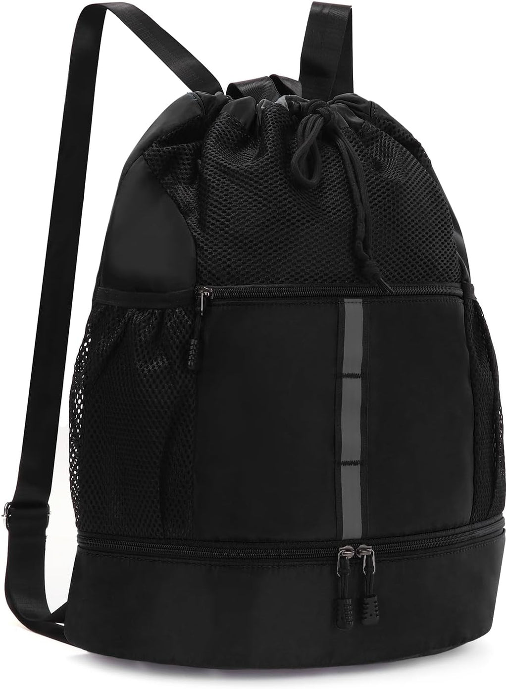 Valleycomfy Gym Bag - Drawstring Sports Backpack with Shoe Compartment & Reflective Strips | Black