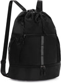 Valleycomfy Gym Bag - Drawstring Sports Backpack with Shoe Compartment & Reflective Strips | Black