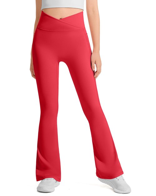 JOCMIC Girls Flare Leggings Kids Bell Bottom High Waisted Yoga Dance Flared Bootcut Pants Red 7-8 Years