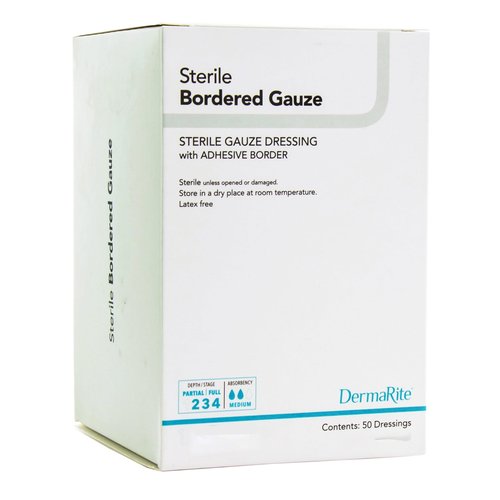 DermaRite's Sterile Bordered Gauze Dressing with Adhesive Border - Flexible Non-Linting Material, First-Aid, Individually Packaged - 2 in. x 2 in., 1 Count, 50 Packs, 50 Total