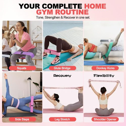 ABAPIC 2-in-1 Fabric Resistance Bands Set & 12-Loop Numbered Elastic Stretching Strap - Non-Slip Booty Bands for Glute Workout, Stretchy Yoga Belt for Physical Therapy & Rehab