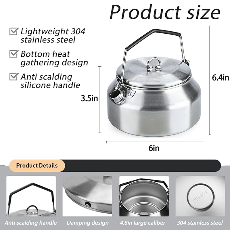 1L Camping Kettle Stainless Steel Tea Pot — Fast Heating, Portable Outdoor Teapot (Variation: Silver)