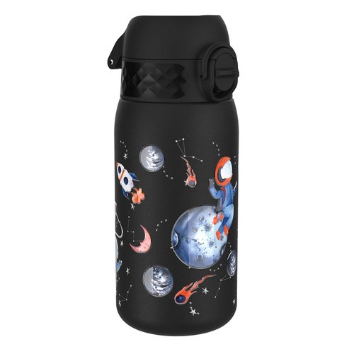 Ion8 Kids Water Bottle, Steel 400 ml/13 oz, Leak Proof, Easy to Open, Secure Lock, Dishwasher Safe, Flip Cover, Carry Handle, Easy Clean, Durable, Scratch Resistant, Raised Print, Space Travel Design