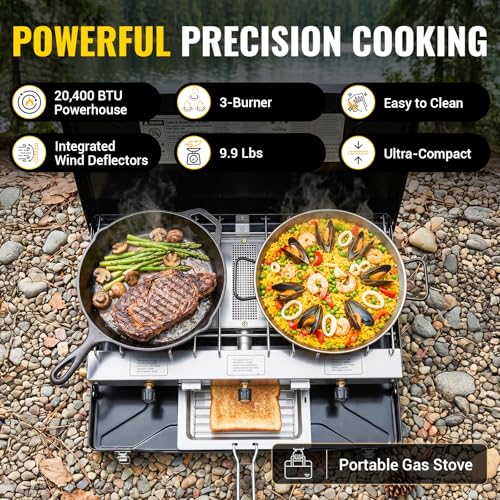 Black 3-Burner Portable Camping Stove - 20400BTU Propane Outdoor Cooker