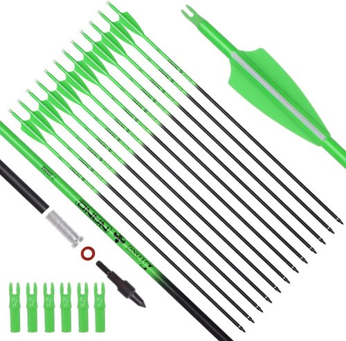 Elong 28" Carbon Hunting Arrows - 12PCS Spine 500 with 100 Grain Screw Tips | Green/Orange