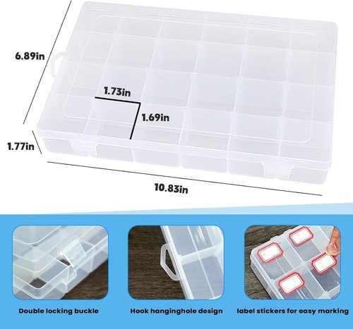 Megoogo Clear Plastic Organizer Box - 24 Grids with Adjustable Dividers for Crafts & Small Items | Bead Storage Container with Labels