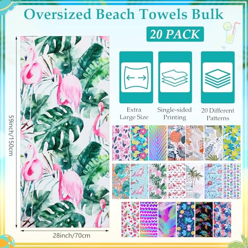 Colorful Microfiber Oversized Beach Towels Set - 20 Pack, Quick Dry Sand-Resistant, Travel & Pool Use