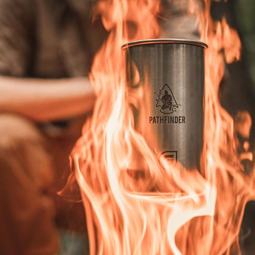 The Pathfinder School X Geopress Nesting Cup with Lid – Heavy-Duty Stainless Steel Camping Cup with Graduated Measurements – Bat Wing Handles – Ideal Outdoor and Backpacking Gear, 30oz/900ml Capacity