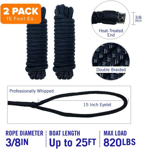 Better Boat Dock Lines - 3/8" x 15ft Double Braided Nylon Rope, Marine Grade Mooring Line, Black