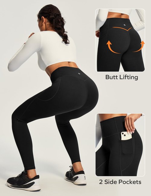 Ewedoos Fleece Lined Leggings Women No Front Seam Compression Thermal Leggings Tummy Control with Pockets Warm Yoga Pants Black