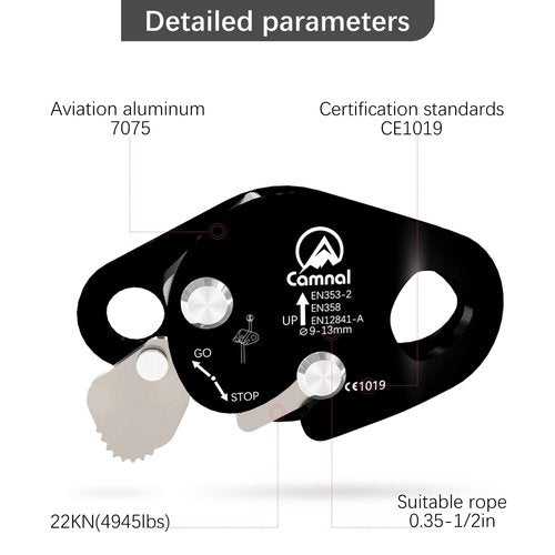 CAMNAL Rope Grab Ascender, Fall Arrest Climbing Protection Rappelling Gear Equipment, High Strength Material Outdoor Climbing Protection(Black B-Style)