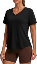 PINSPARK Soft Workout Tops for Women - Short Sleeve V-Neck, Moisture-Wicking, UPF 50+ Sun Protection