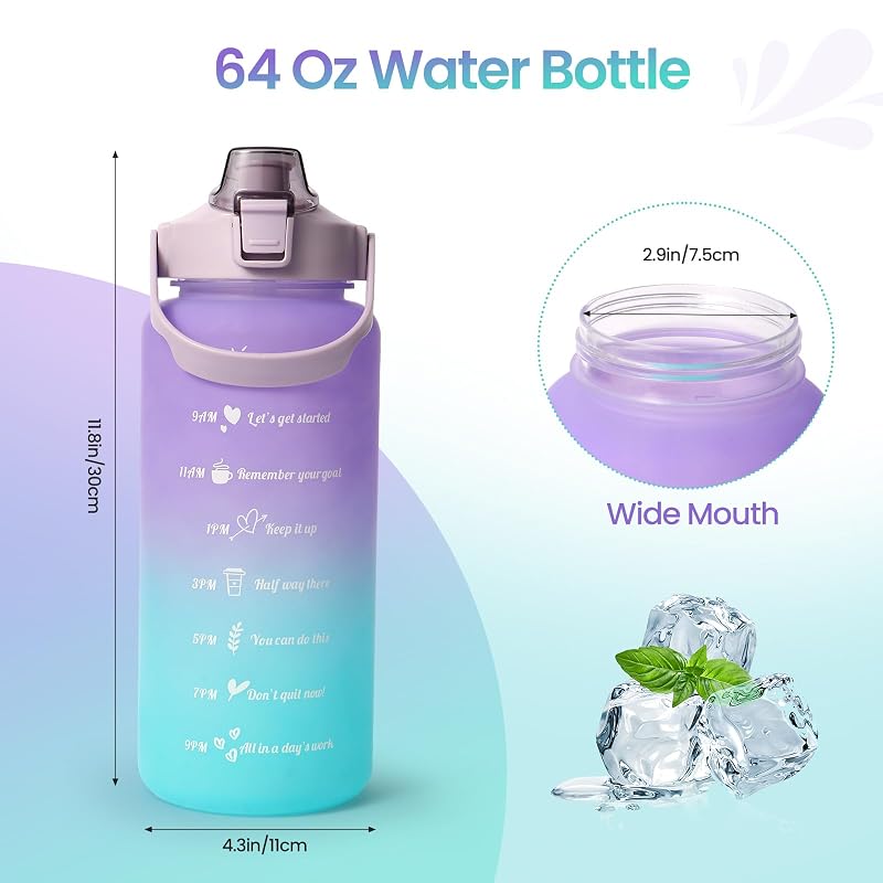 64 oz Time Marker Water Bottle with Straw, Half Gallon Gym Bottle - Purple Cyan (Variation: Purple Cyan)