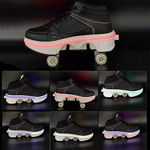 Roller Skates for Women Men Outdoor,2 in1 Parkour Shoes with Wheels for Girls/Boys,Double Row Deform Kick Roller Shoes Retractable Adults/Kids,Quad Roller Skates,Skating Shoes Recreation Sneakers