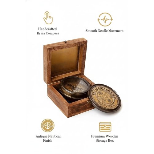Smizzy Brass Engraved Nautical Scout Compass Gift Boys - Engraved Scout Oath Compass in Wood Box Scout Always Prepared Camping Orienteering, Hiking Backpacking Gift