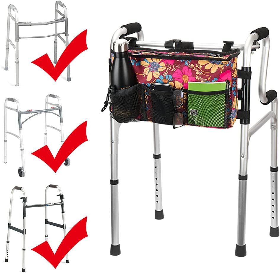 Walker Bag - Water-Resistant Pouch with 6 Pockets for Rollators & Wheelchairs | Floral Design