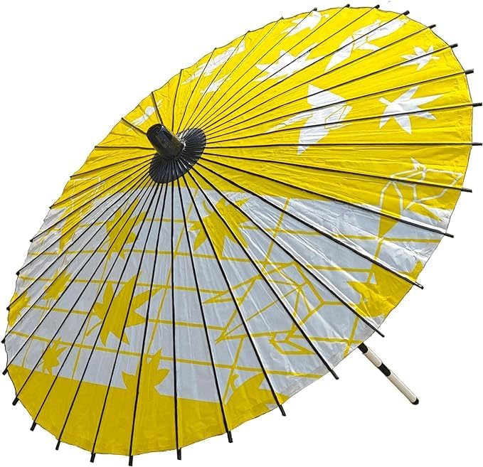 山本竹細工屋 （YAMAMOTOTAKIZAYIKUYA) Japanese Style Folding Umbrella with Handle for Dancing or Photography Yellow Folded Crane