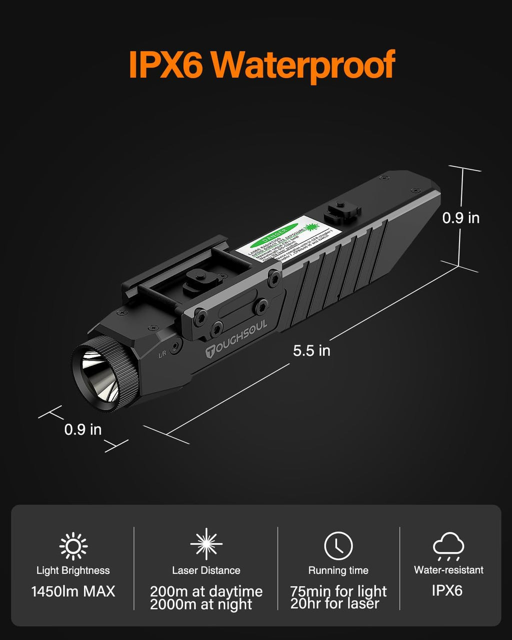 TOUGHSOUL Tactical Flashlight - 1450 Lumen with Purple Laser Sight & Rechargeable Battery | Durable Polymer Body