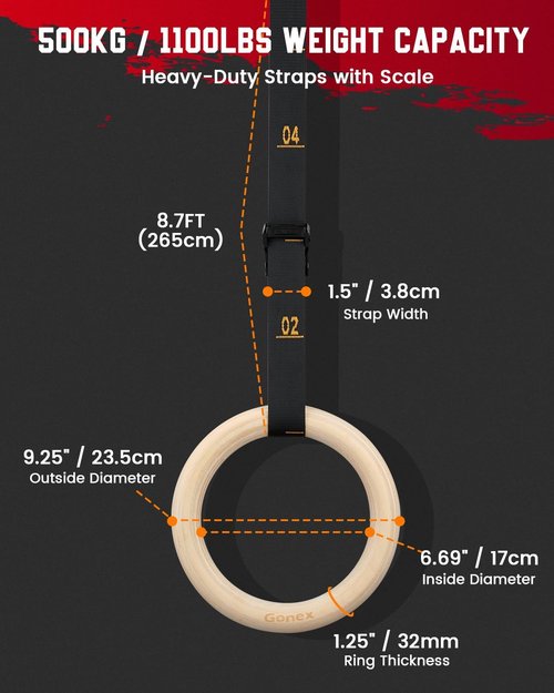 Gonex Gymnastic Rings - Adjustable Olympic Rings with 8.5 ft Non-Slip Straps for Home Workouts