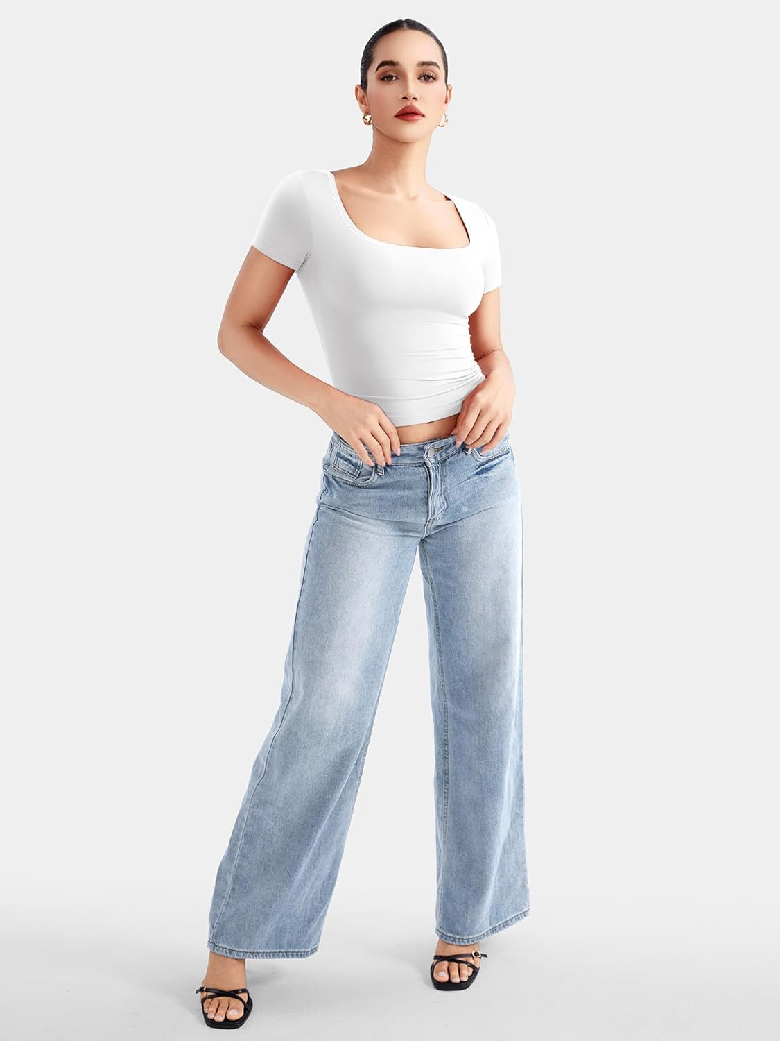 YEOREO Women's Scoop Neck Slim Fit Crop Top - Short Sleeve Double Lined T-Shirt in Stylish Design